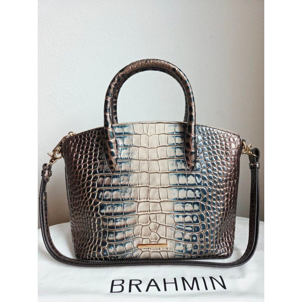 Brahmin Duxbury Satchel Petrol Magnus Croc Embossed Leather Bag Strap Dust Bag